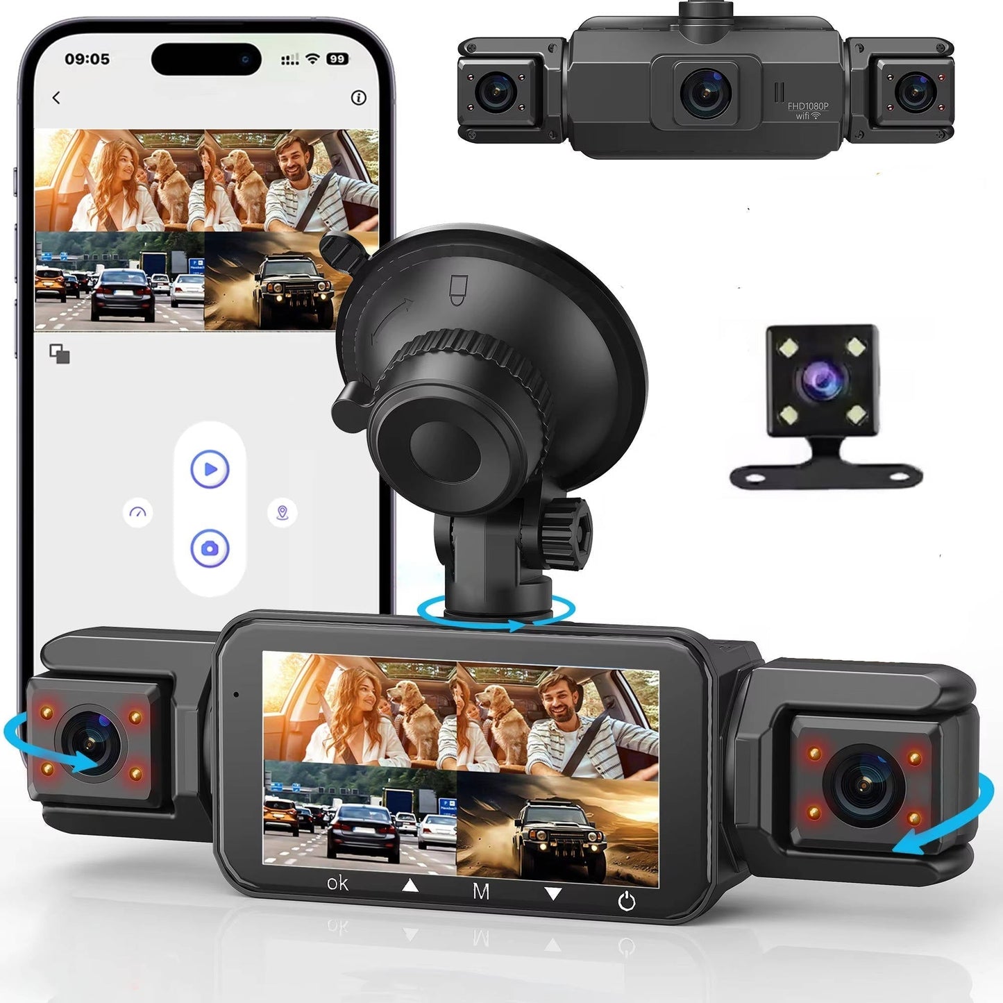 4-Channel Dash Cam with Night Vision and Parking Monitor, WiFi App Control
