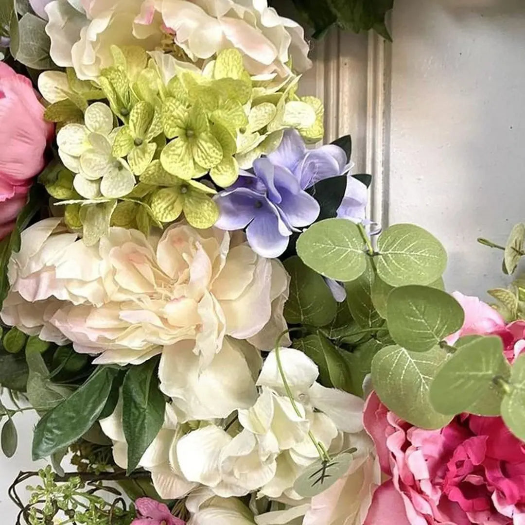 Artificial Wreath With Rainbow Hydrangeas For Front Door Home Decor