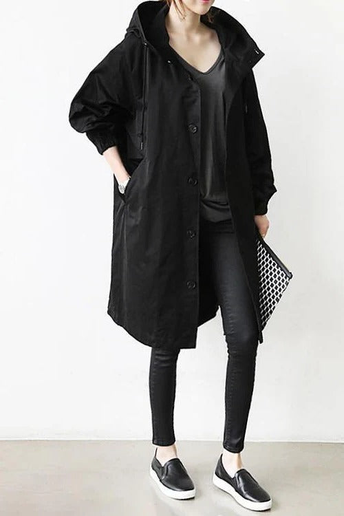 Trench Coat Hooded Waterproof Lightweight Long Raincoat With Adjustable Belt