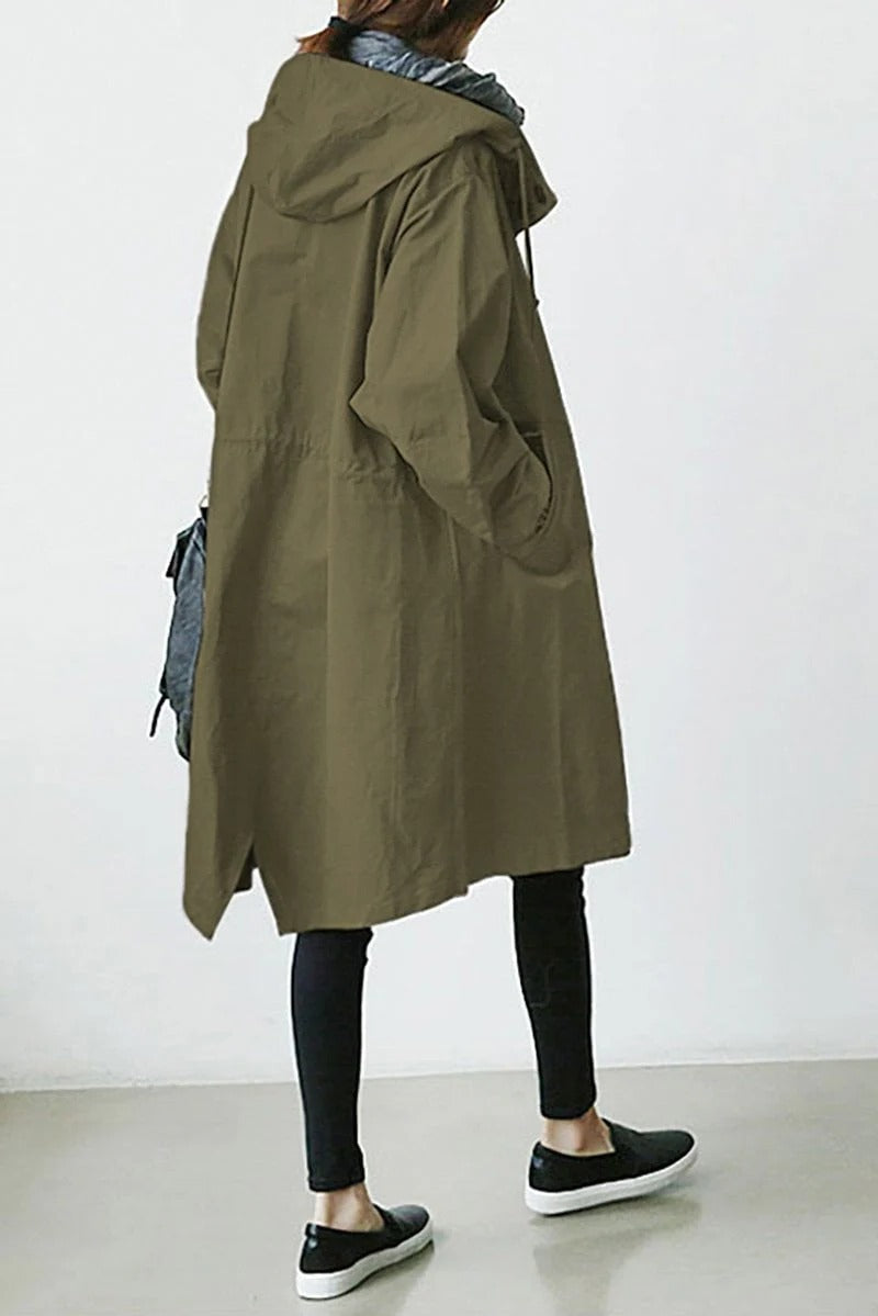Trench Coat Hooded Waterproof Lightweight Long Raincoat With Adjustable Belt