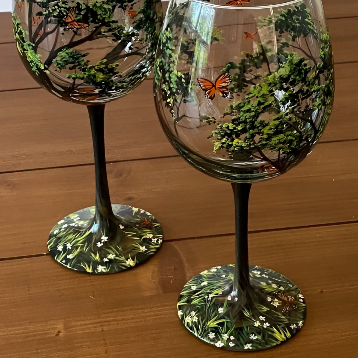 Wine Glasses Four Seasons Tree Design Hand-Painted Art Glassware Set
