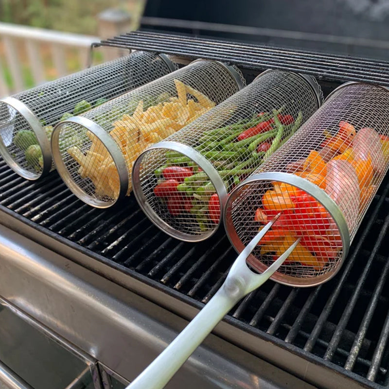 Grill Basket Stainless Steel Rolling For BBQ And Outdoor Grilling