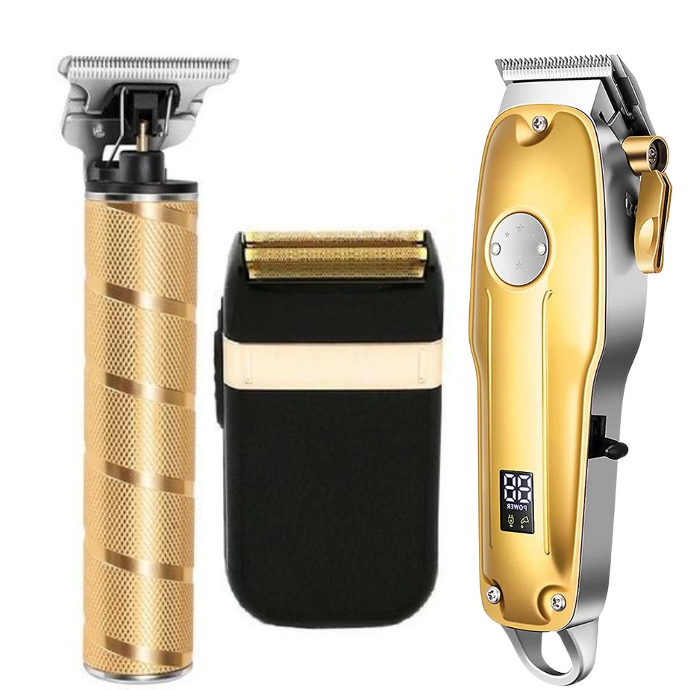 Men's Hair Clippers Gold Cordless Set With Professional Trimmer