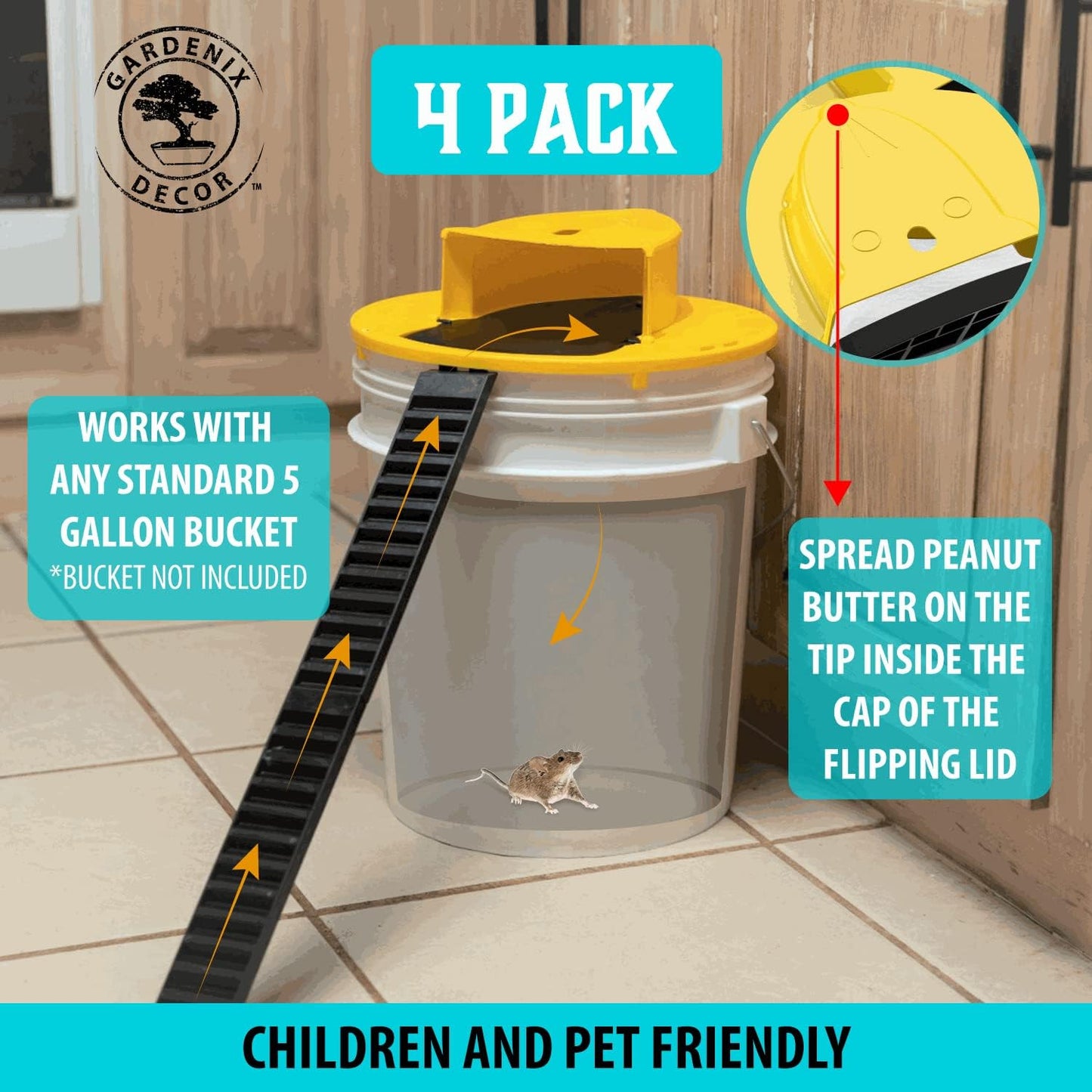 Bucket Lid Mouse Traps 4-Pack Fits 5-Gallon Buckets Reusable