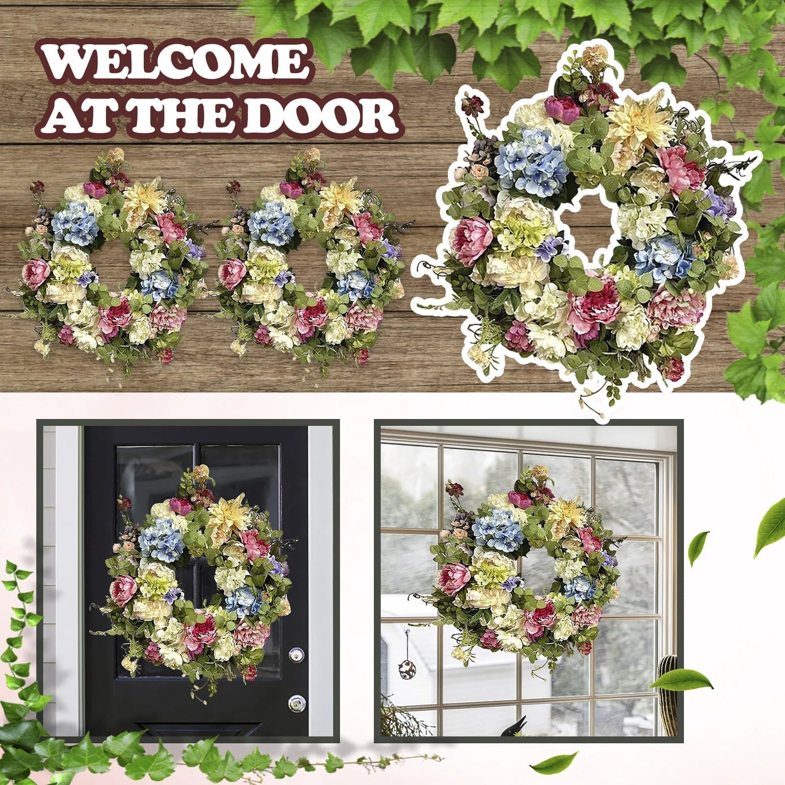 Artificial Wreath With Rainbow Hydrangeas For Front Door Home Decor