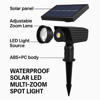 Solar LED Spotlight With Adjustable Multi-Zoom Beam For Outdoors