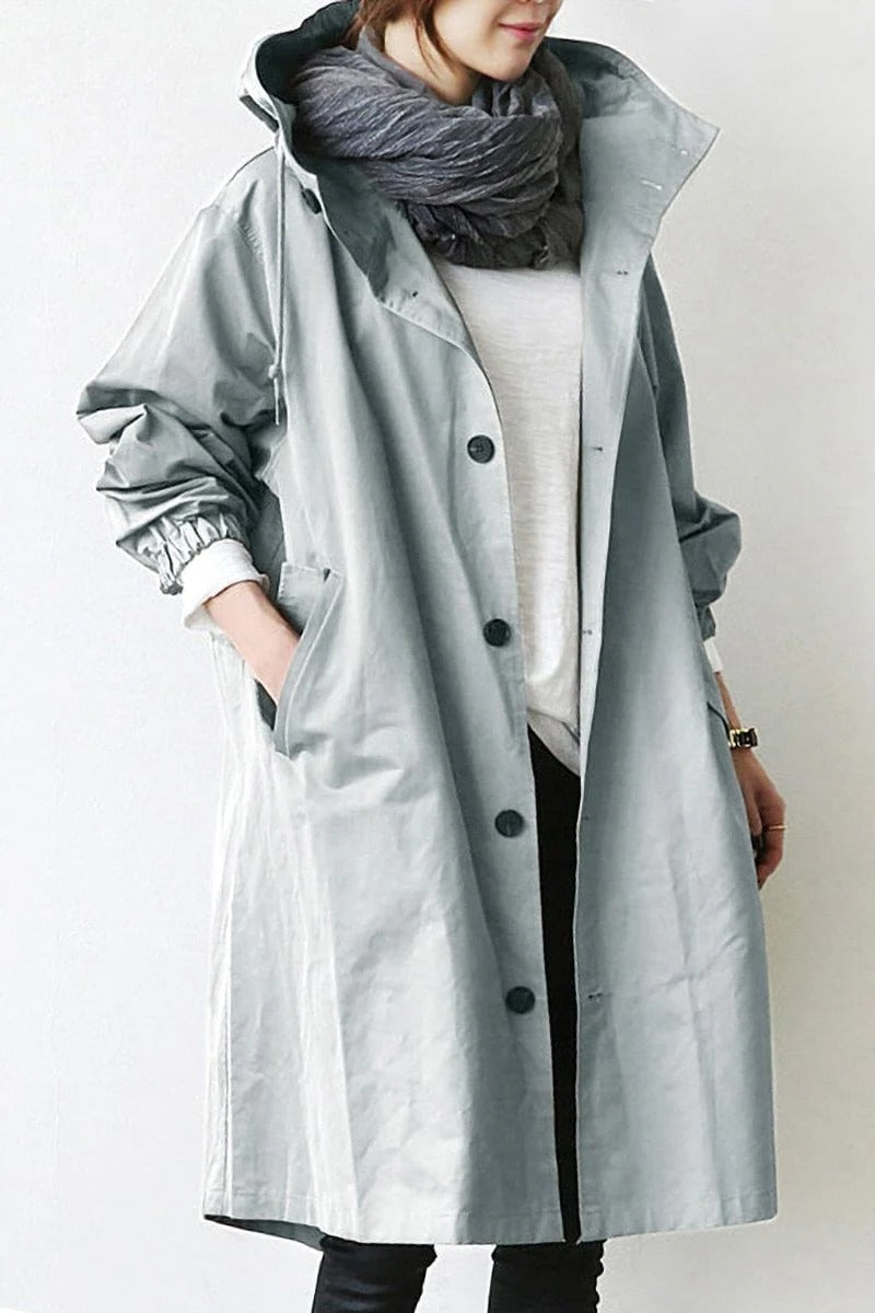 Trench Coat Hooded Waterproof Lightweight Long Raincoat With Adjustable Belt