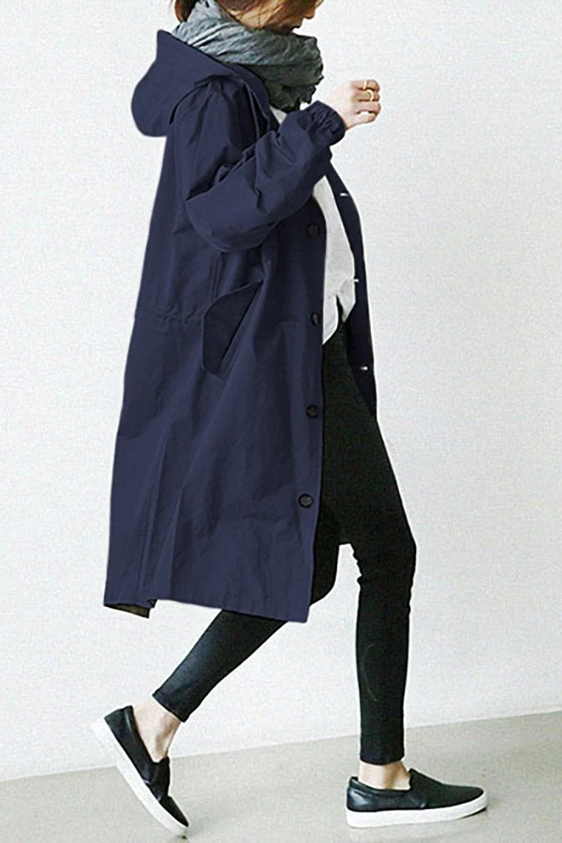 Trench Coat Hooded Waterproof Lightweight Long Raincoat With Adjustable Belt