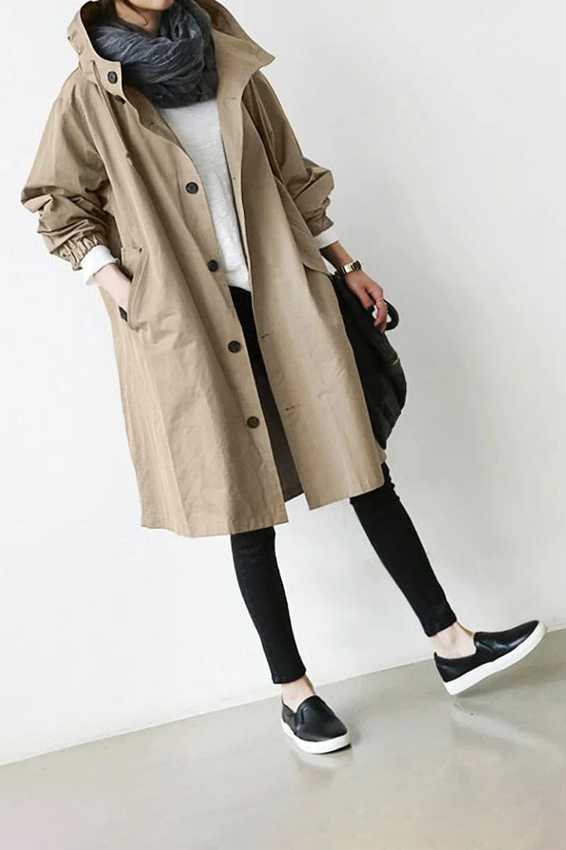 Trench Coat Hooded Waterproof Lightweight Long Raincoat With Adjustable Belt