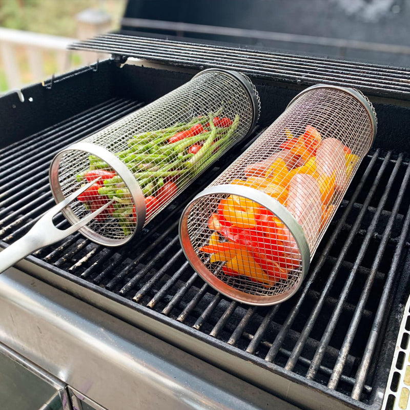 Grill Basket Stainless Steel Rolling For BBQ And Outdoor Grilling