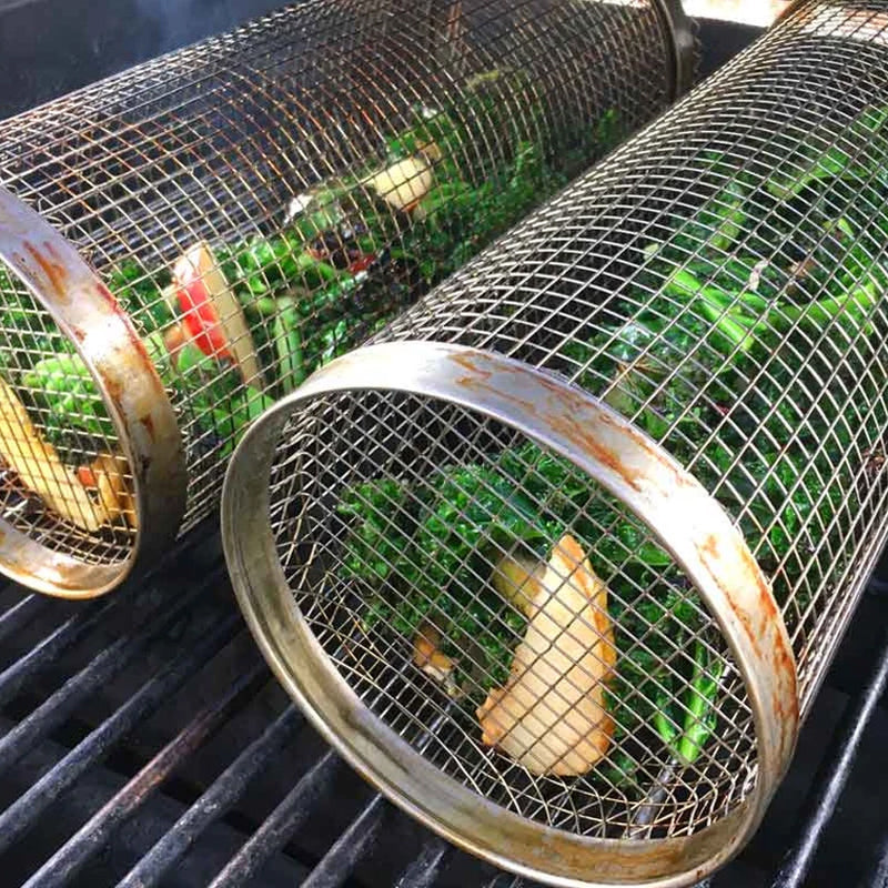 Grill Basket Stainless Steel Rolling For BBQ And Outdoor Grilling