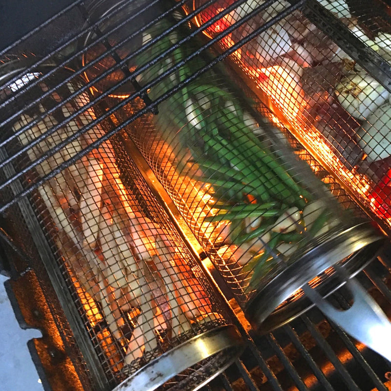 Grill Basket Stainless Steel Rolling For BBQ And Outdoor Grilling
