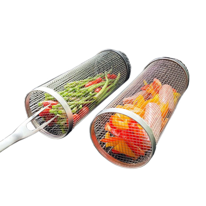 Grill Basket Stainless Steel Rolling For BBQ And Outdoor Grilling