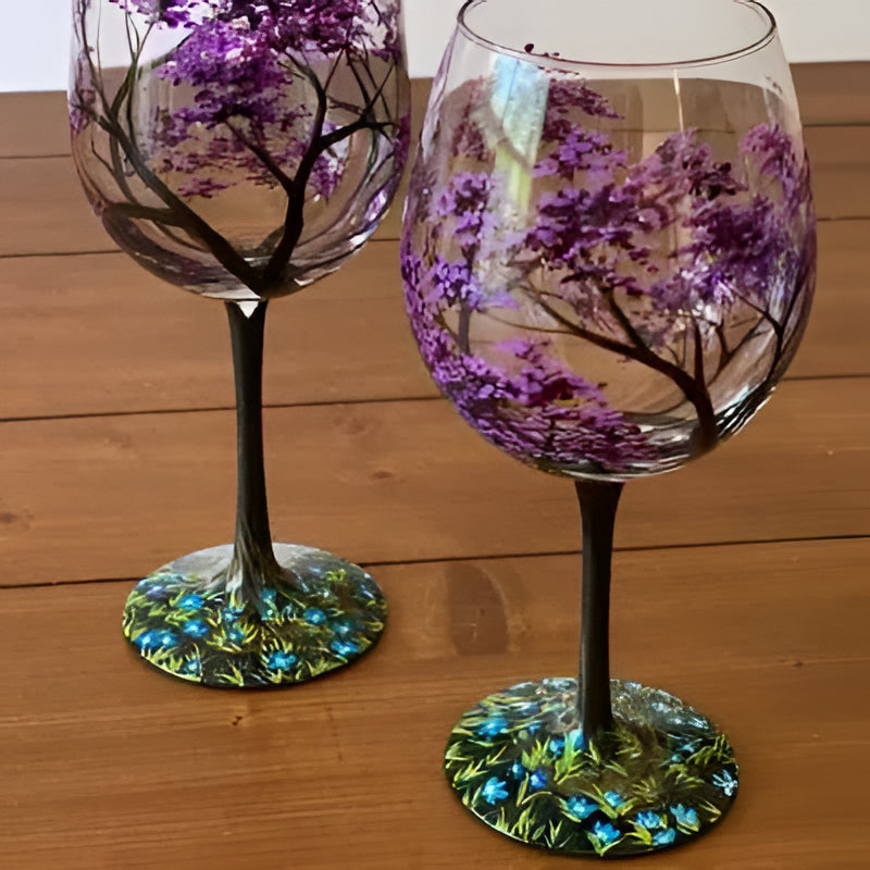 Wine Glasses Four Seasons Tree Design Hand-Painted Art Glassware Set