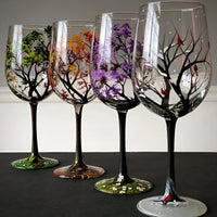 Wine Glasses Four Seasons Tree Design Hand-Painted Art Glassware Set