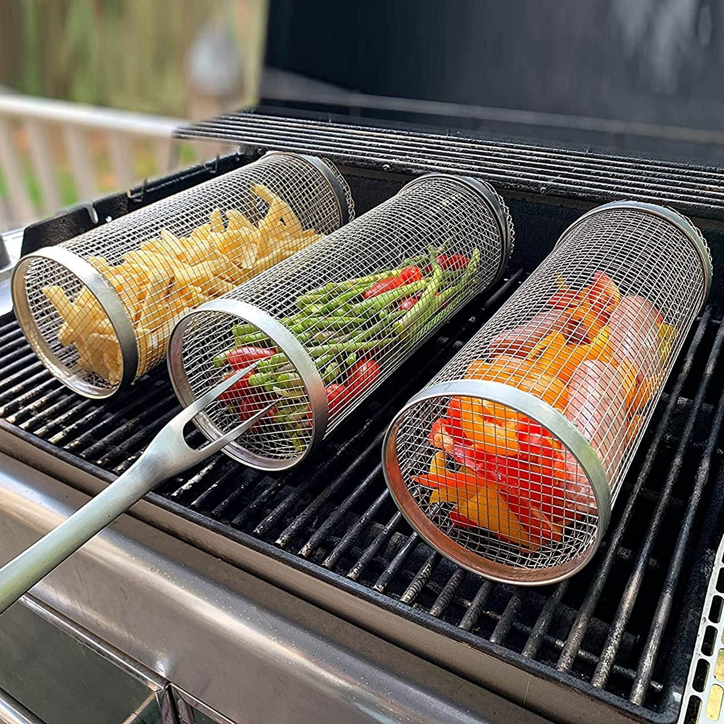 Grill Basket Stainless Steel Rolling For BBQ And Outdoor Grilling