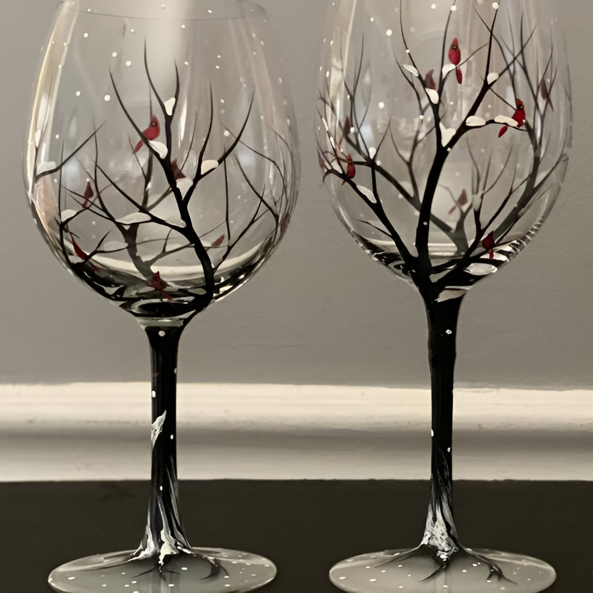 Wine Glasses Four Seasons Tree Design Hand-Painted Art Glassware Set